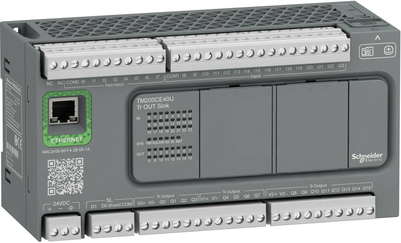 Schneider Electric Modicon TM200CE40U SPS-Steuerung mit Ethernet-Anschluss, Schraubklemmen, Status-LEDs und QR-Code auf der Frontplatte.