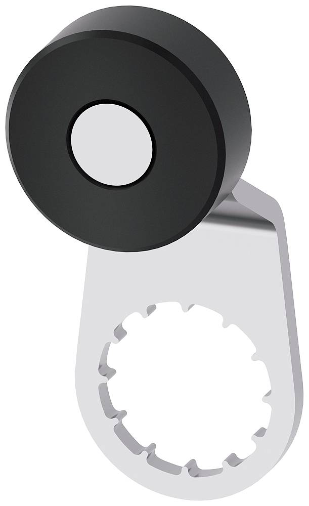 Schwarze Rollen-Rad auf einer silbernen Metallhalterung oder Klemme, isoliert auf weißem Hintergrund dargestellt.