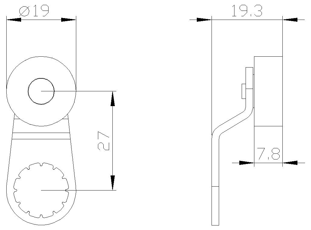 Technische Zeichnung einer Metallklammer/eines Clips mit Vorder- und Seitenansicht, die Abmessungen Ø19, 27, 19,3 und 7,8 mm zeigt.