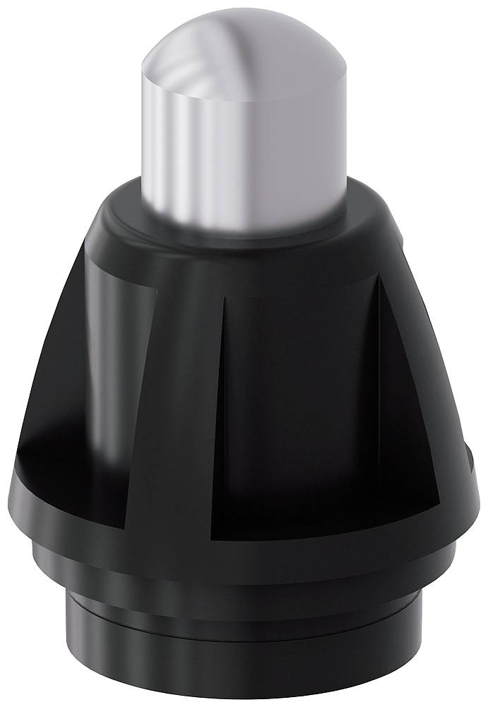 Schwarze und silberne zylindrische mechanische Komponente oder ein Stecker, isoliert auf weißem Hintergrund dargestellt.