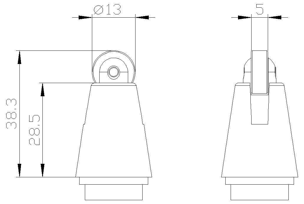 Technische Strichzeichnung eines konischen Metallbauteils mit einer oberen Öse, dargestellt in Front- und Seitenansicht, mit den Maßen 38,3, 28,5, Ø13 und 5.