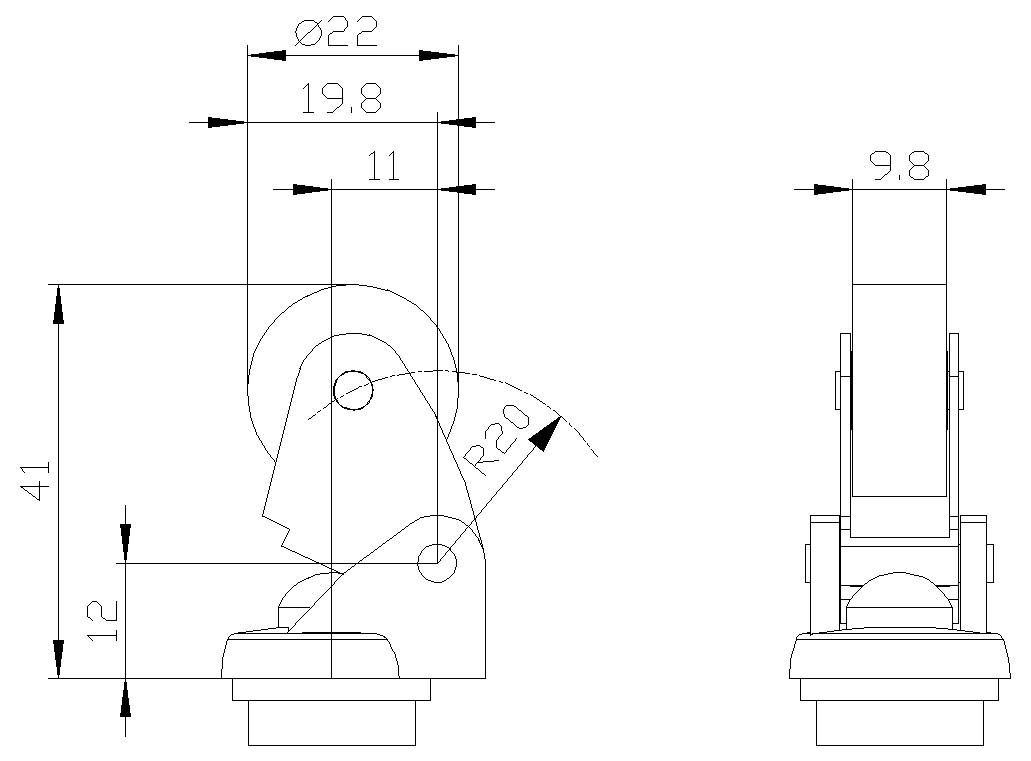 Technische Zeichnung eines Lenkrads mit Seiten- und Frontansicht, die Abmessungen in Millimetern zeigt, einschließlich 22, 19,8, 11, 41, 12, 9,8 und Radius R20.