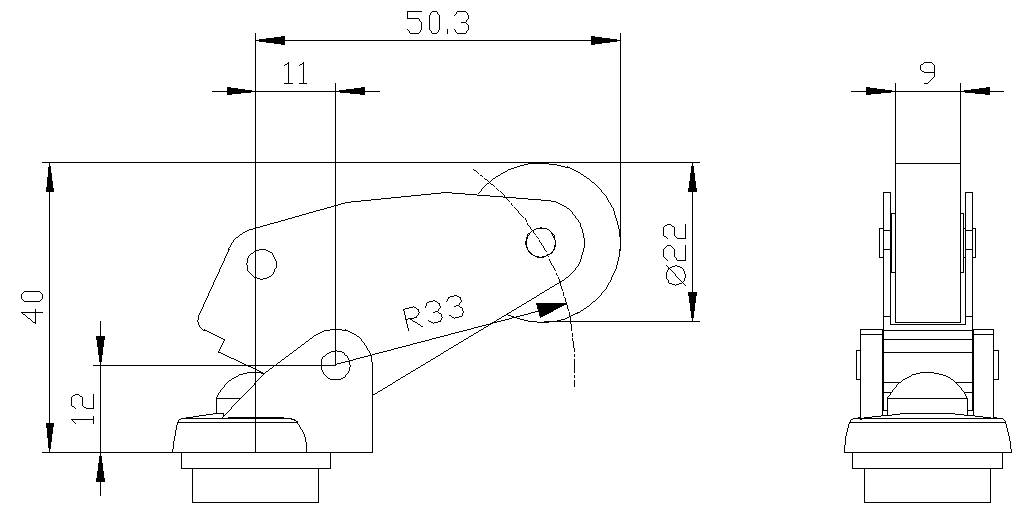 Technische Zeichnung einer mechanischen Klemmhebelvorrichtung mit Vorder- und Seitenansicht, die die Abmessungen 50,3, 40, 12, 11, 9, Ø22 und R33 zeigt.