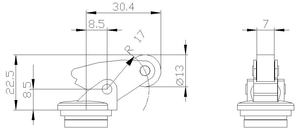 Technische Zeichnung eines Lenkrads, mit Seiten- und Vorderansicht sowie Abmessungen einschließlich 30,4, 22,5, 8,5, R17, Ø13 und 7.