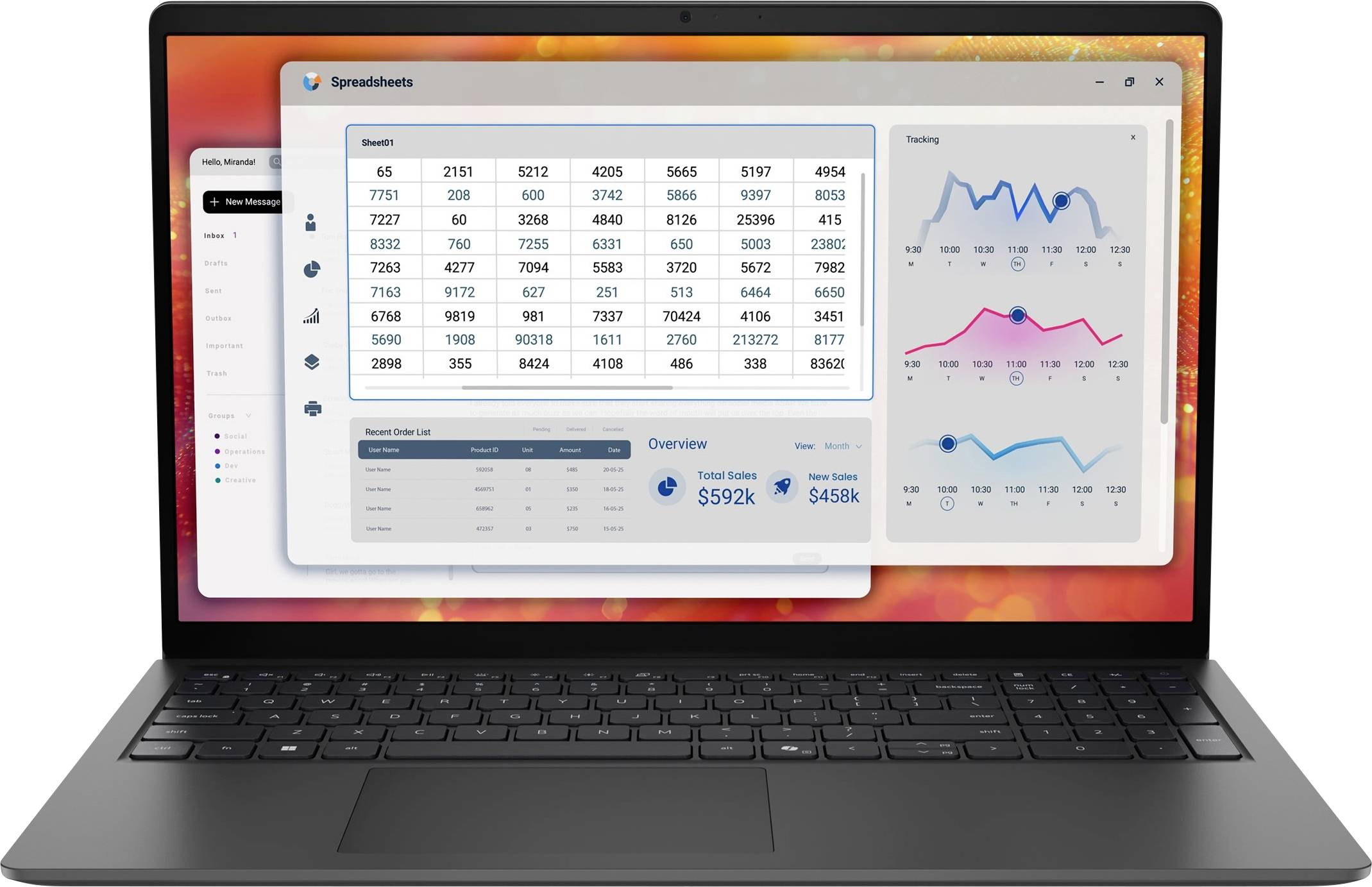 Laptop mit einem Tabellenkalkulationsdashboard mit einer Datentabelle und Liniendiagrammen, die Trends und Zusammenfassungsmetriken zeigen.