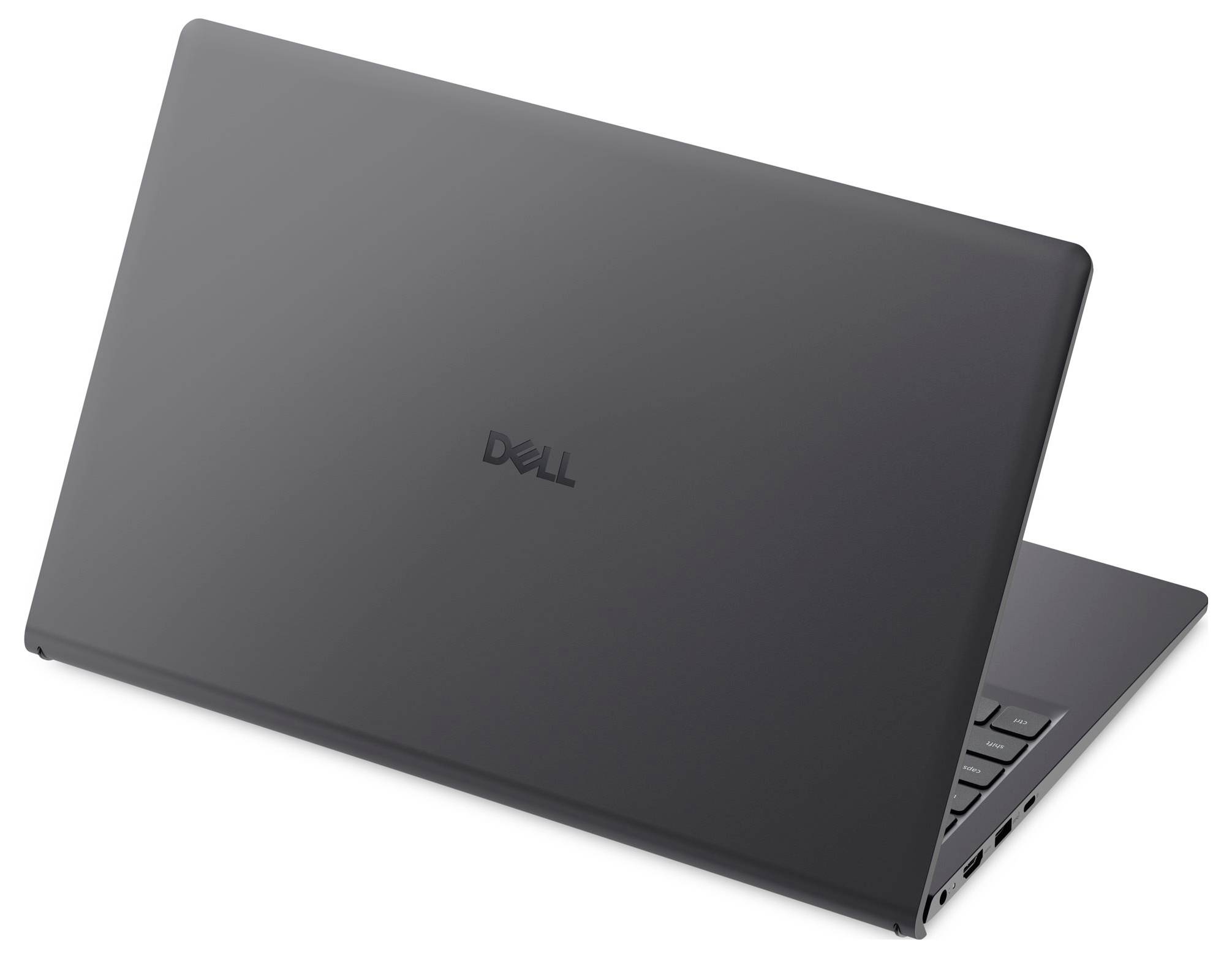 Seitenansicht eines schlanken grauen Laptops, die die Vorderkante zeigt, mit einem USB-Anschluss und einem kleinen runden Indikator auf der rechten Seite.