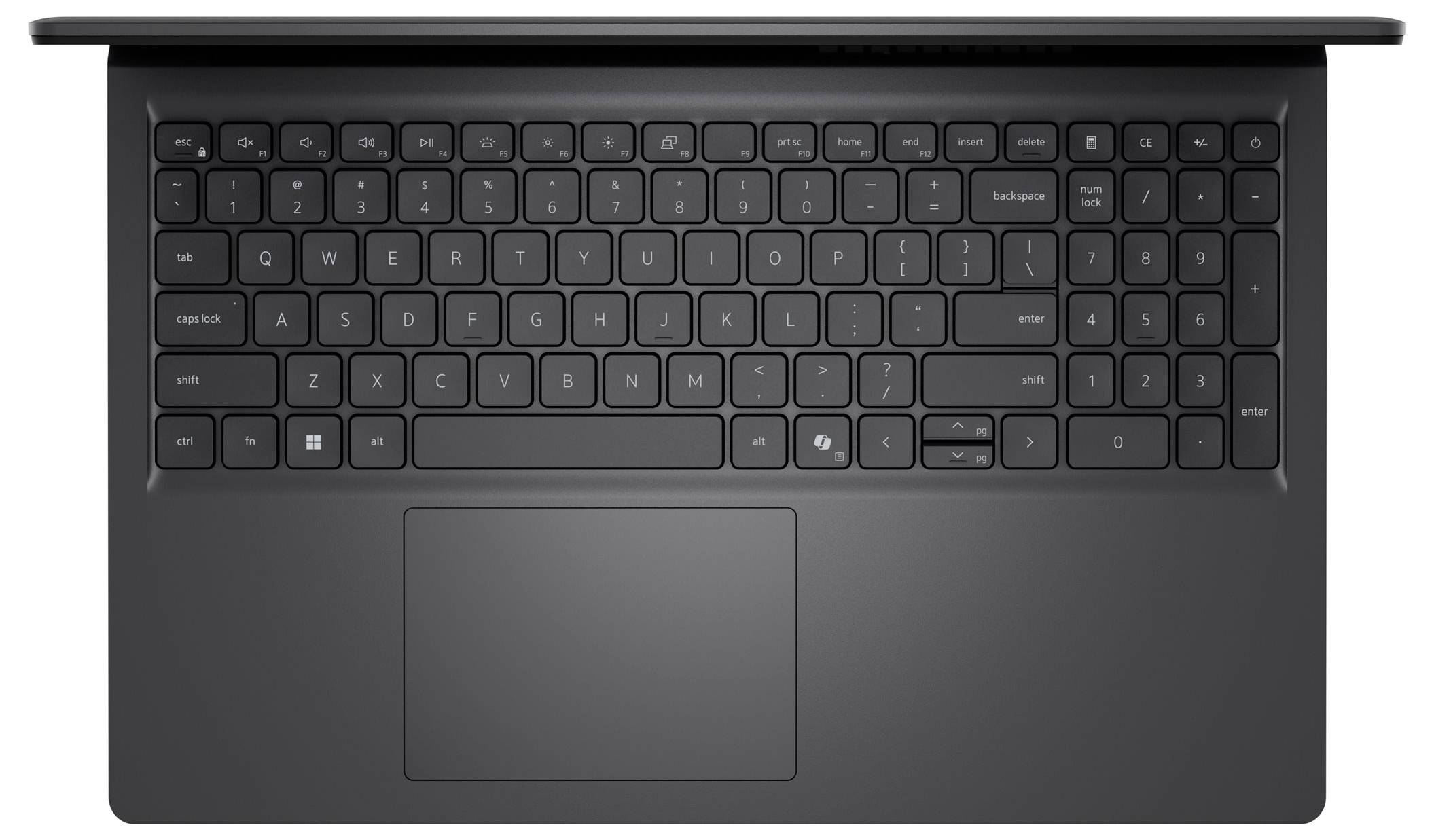 Draufsicht auf einen grauen Laptop, der die Tastatur, das Nummernfeld und das große Touchpad zeigt.