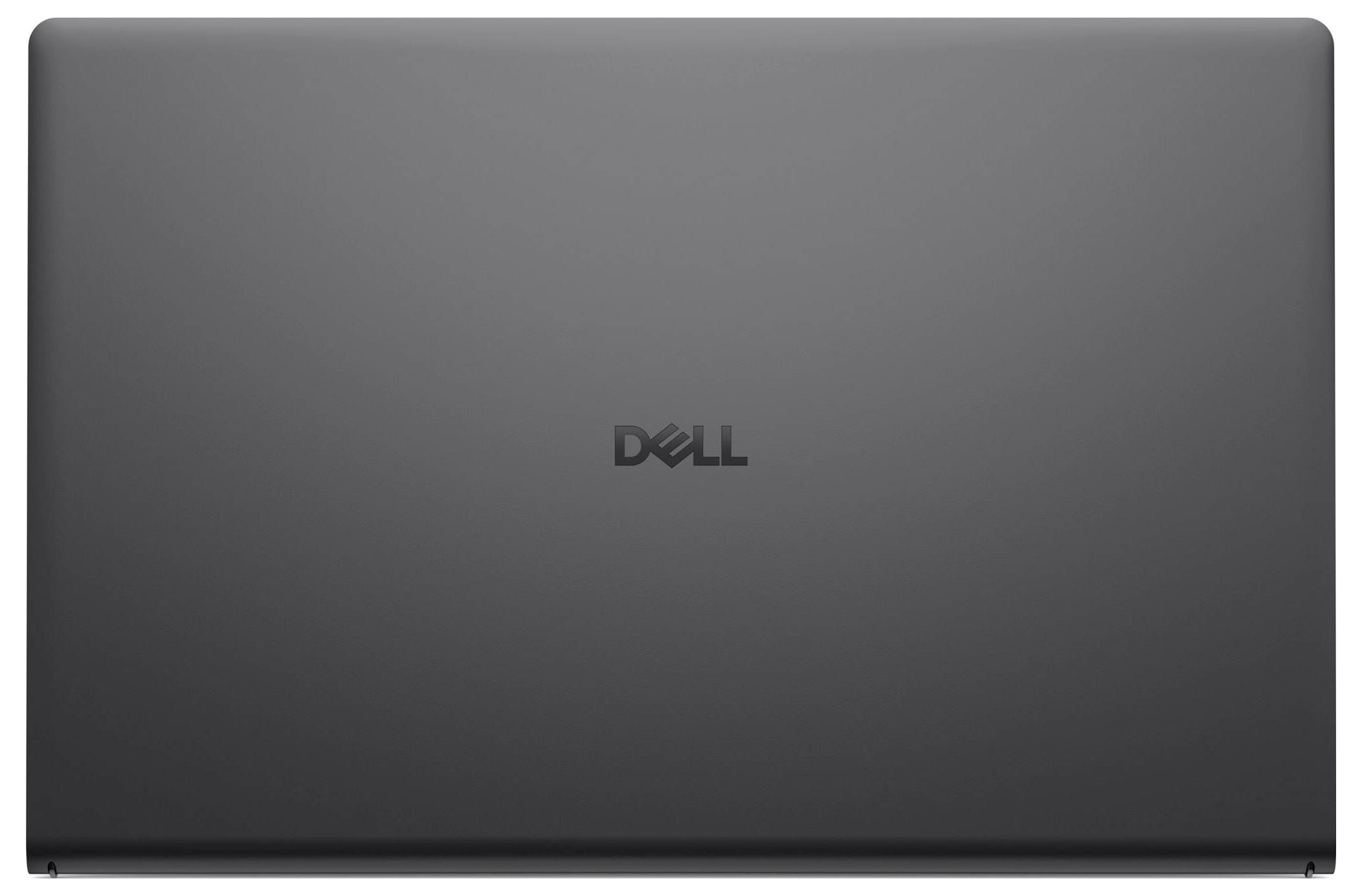 Geschlossener dunkelgrauer Dell-Laptop mit zentriertem Dell-Logo auf dem Deckel.