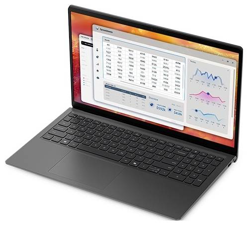 Laptop mit einem Business-Analytics-Dashboard auf dem Bildschirm, das eine Tabelle und drei Liniendiagramme mit schwankenden Trends anzeigt.