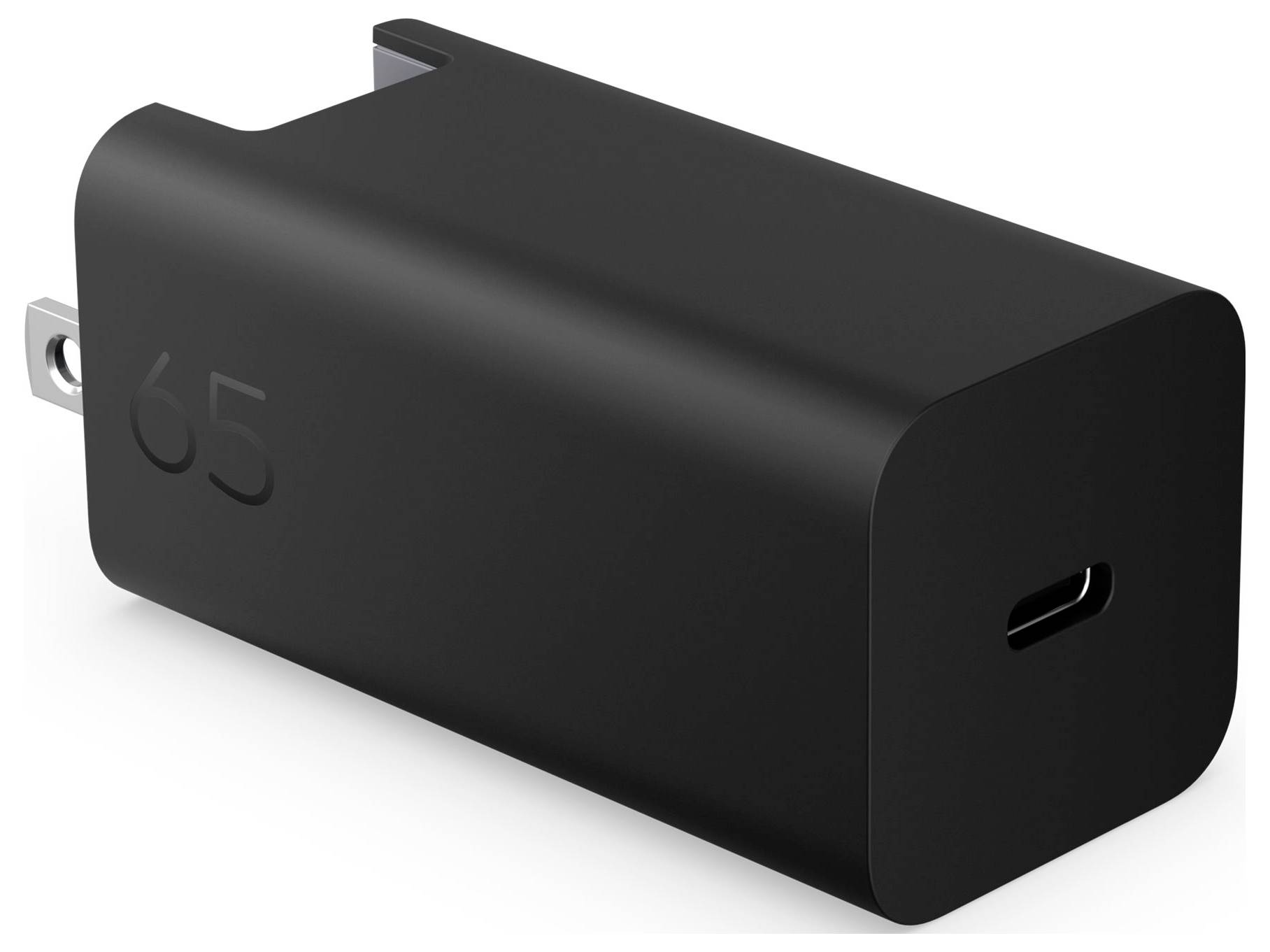 Schwarzes 65W USB-C Wandladegerät mit klappbarem Stecker, dargestellt in einer produktähnlichen Ansicht auf weißem Hintergrund.