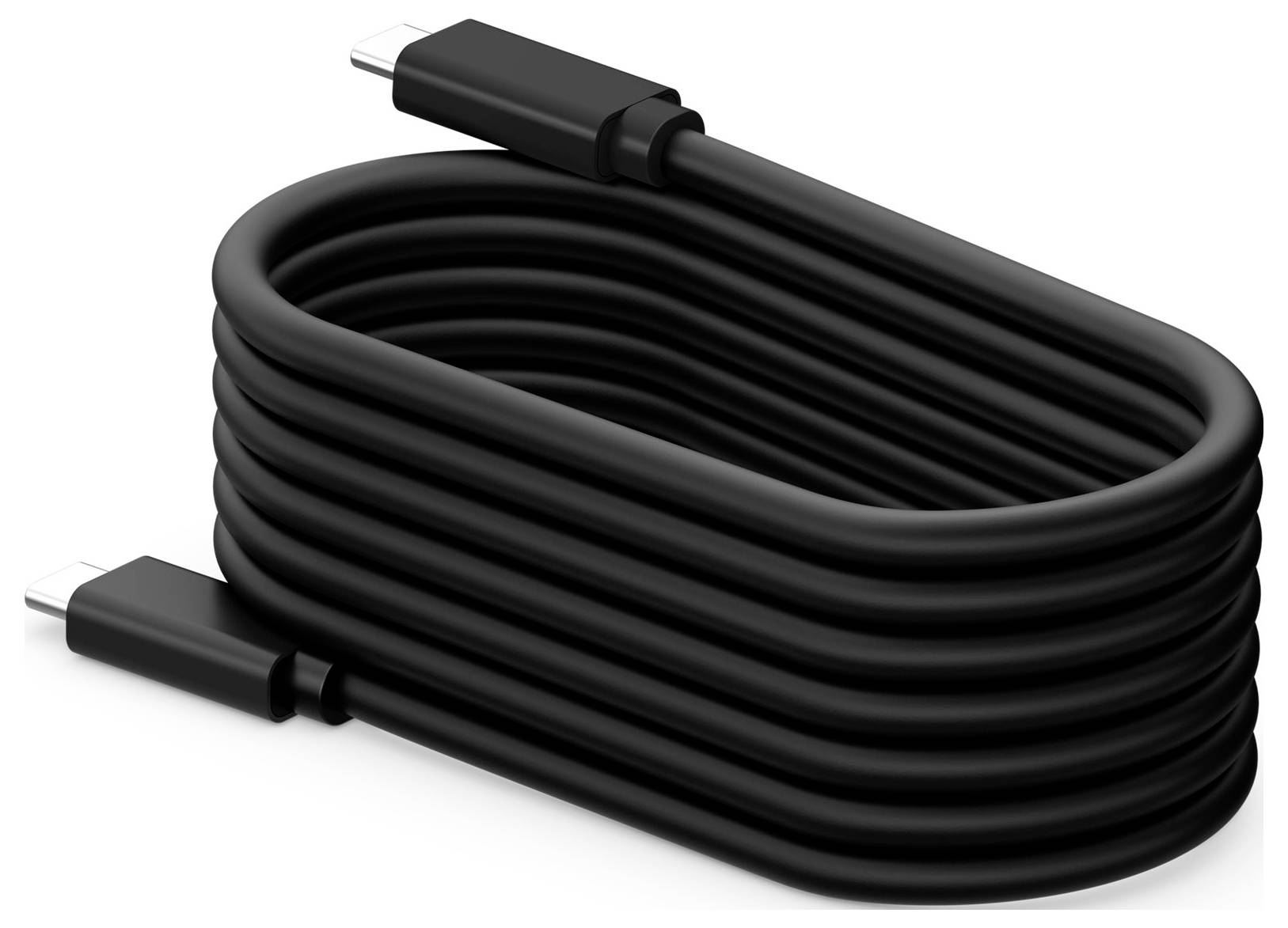 Aufgerolltes schwarzes USB-C-Kabel mit sichtbaren Steckern an beiden Enden auf weißem Hintergrund.