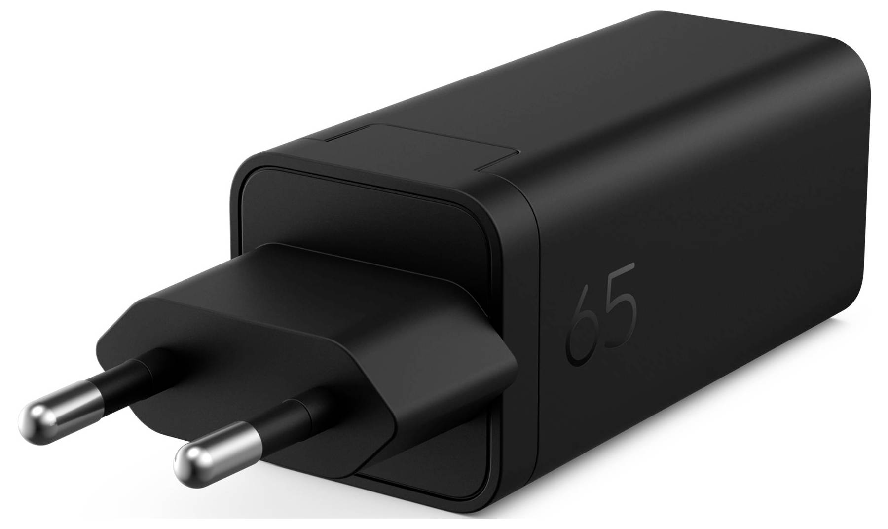 Schwarzes 65W USB-C Wandladegerät mit zwei runden europäischen Steckerzinken