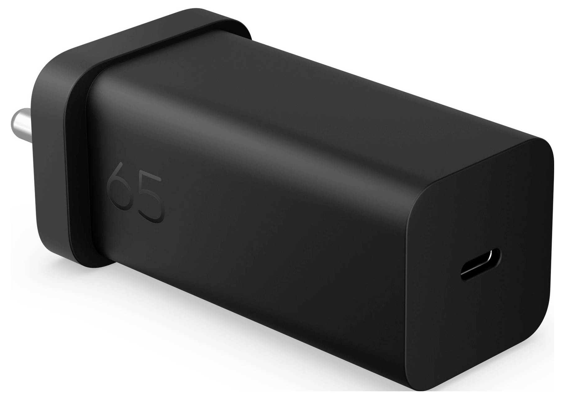 Schwarzer USB-C-Stromadapter mit europäischem zweipoligem Stecker, mit der Markierung „65