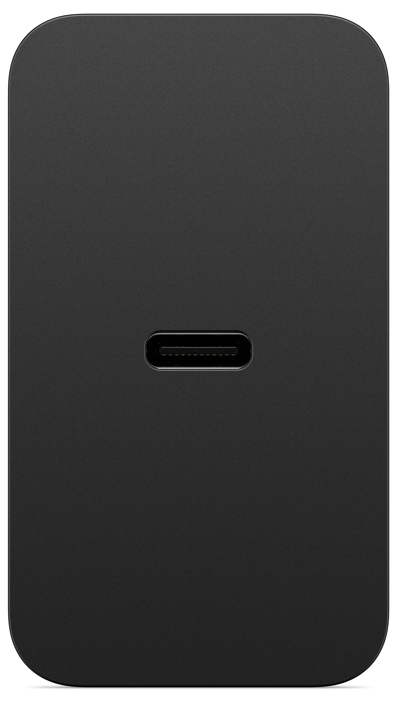 Schwarzer rechteckiger USB-C-Stromadapter mit einem einzelnen zentrierten Anschluss auf der Vorderseite.