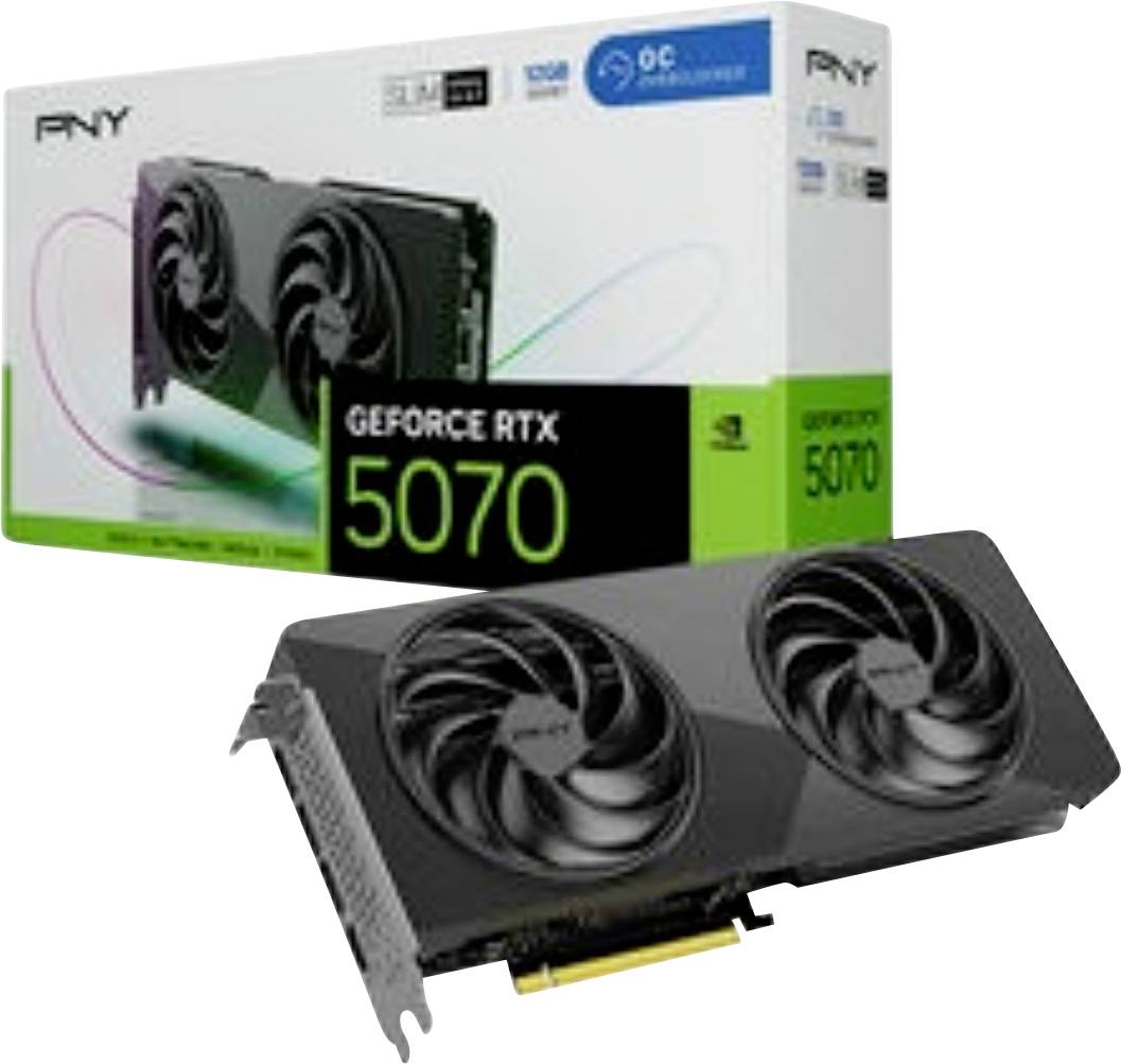 PNY GeForce RTX 5070 Grafikkarte gezeigt mit ihrer Einzelhandelverpackung und Dual-Fan-GPU