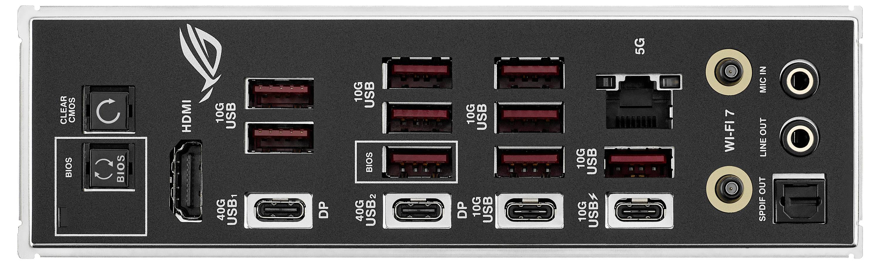 Rückseite eines Desktop-PCs mit Anschlüssen und Steckern: HDMI, DisplayPort, USB-A und USB-C, Ethernet, Wi-Fi-Antennenanschlüsse und Audiobuchsen.