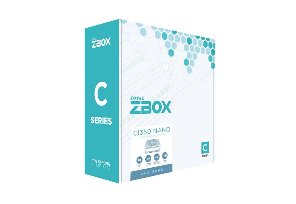 Produktverpackung für Zotac ZBOX C Series CI360 Nano Barebone Mini-PC, gezeigt in türkiser und weißer Verpackung.