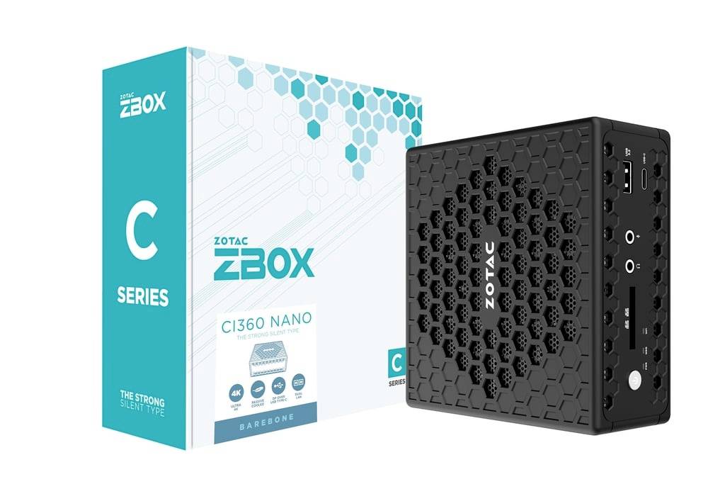 ZOTAC ZBOX CI360 Nano C Series Mini-PC neben seiner Einzelhandelskachtel gezeigt, mit einem kompakten schwarzen Gehäuse mit Wabenmuster.