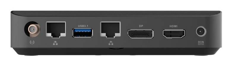 Rückansicht einer Dockingstation mit Anschlüssen: Audiobuchse, zwei USB-A-Anschlüsse, USB-C, DisplayPort, HDMI und Stromeingang.