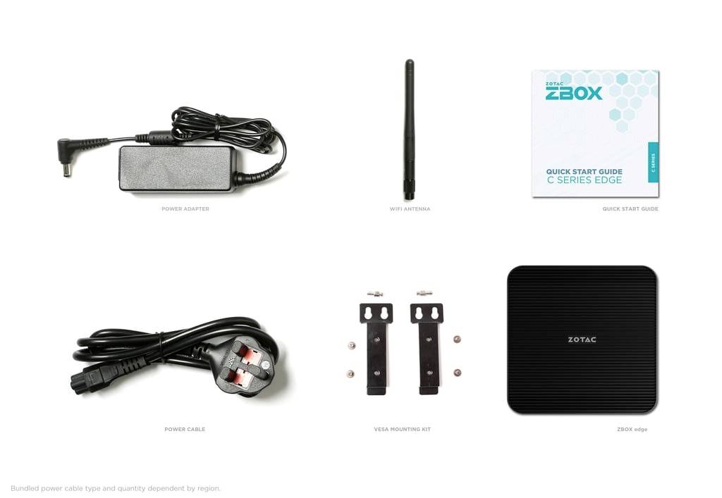 Paketinhalt für einen ZOTAC ZBOX Mini-PC: Netzteil, WLAN-Antenne, Schnellstartanleitung, Stromkabel, VESA-Montageset und ZBOX-Gerät.