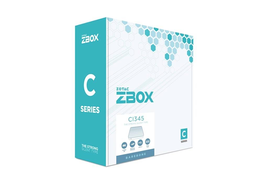 Produktverpackung für ZOTAC ZBOX C Serie CI345 Barebone-Mini-PC, gezeigt in türkis und weißer Verpackung.