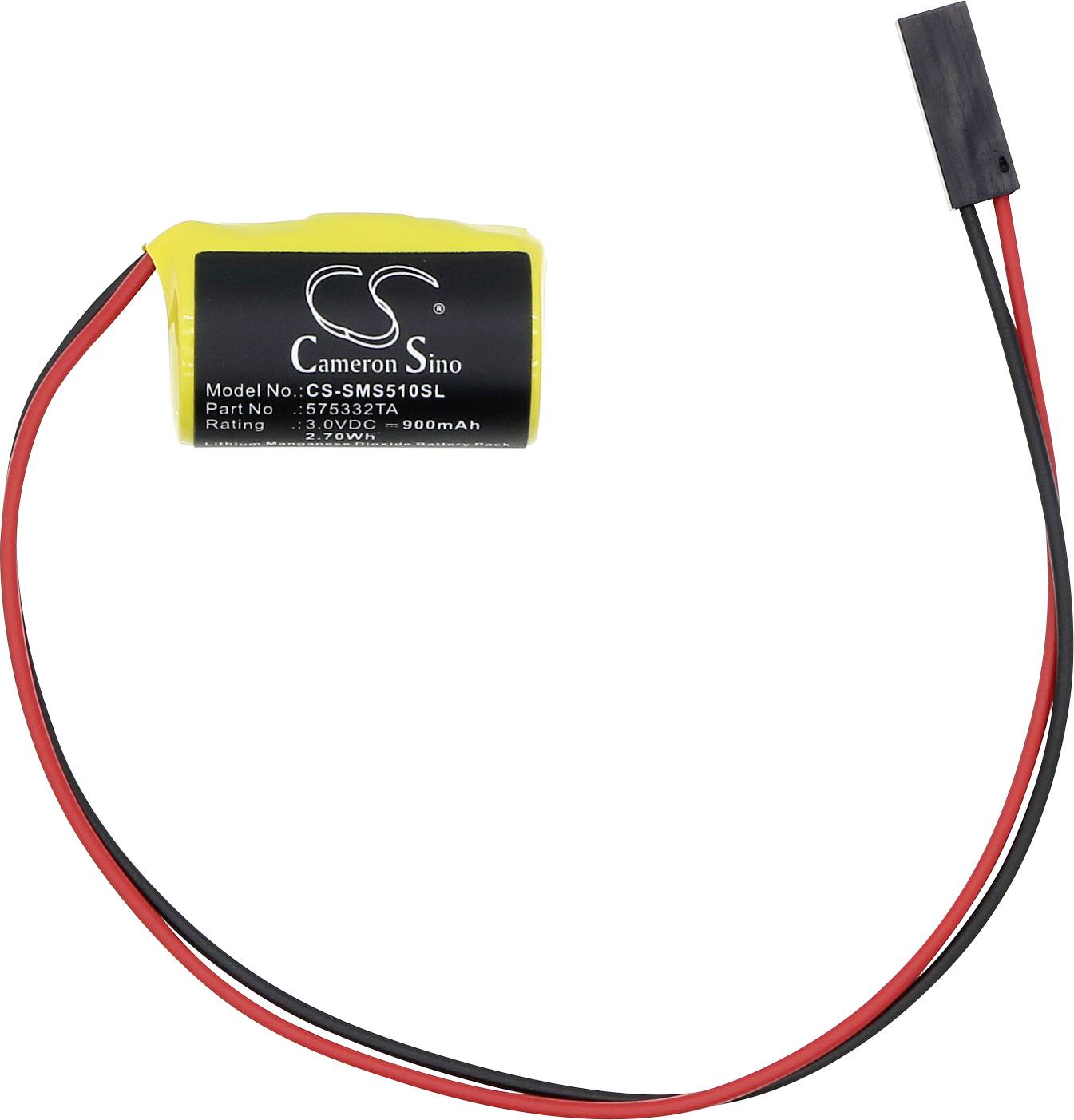Kleines gelb verpacktes Cameron Sino wiederaufladbares Batteriepack mit roten und schwarzen Drähten und einem zweipoligen Stecker auf weißem Hintergrund.