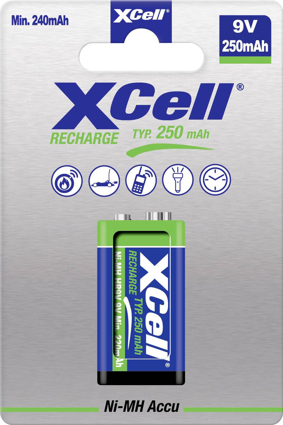 XCell wiederaufladbare 9V Ni-MH-Batterie, gekennzeichnet mit „Min. 240mAh