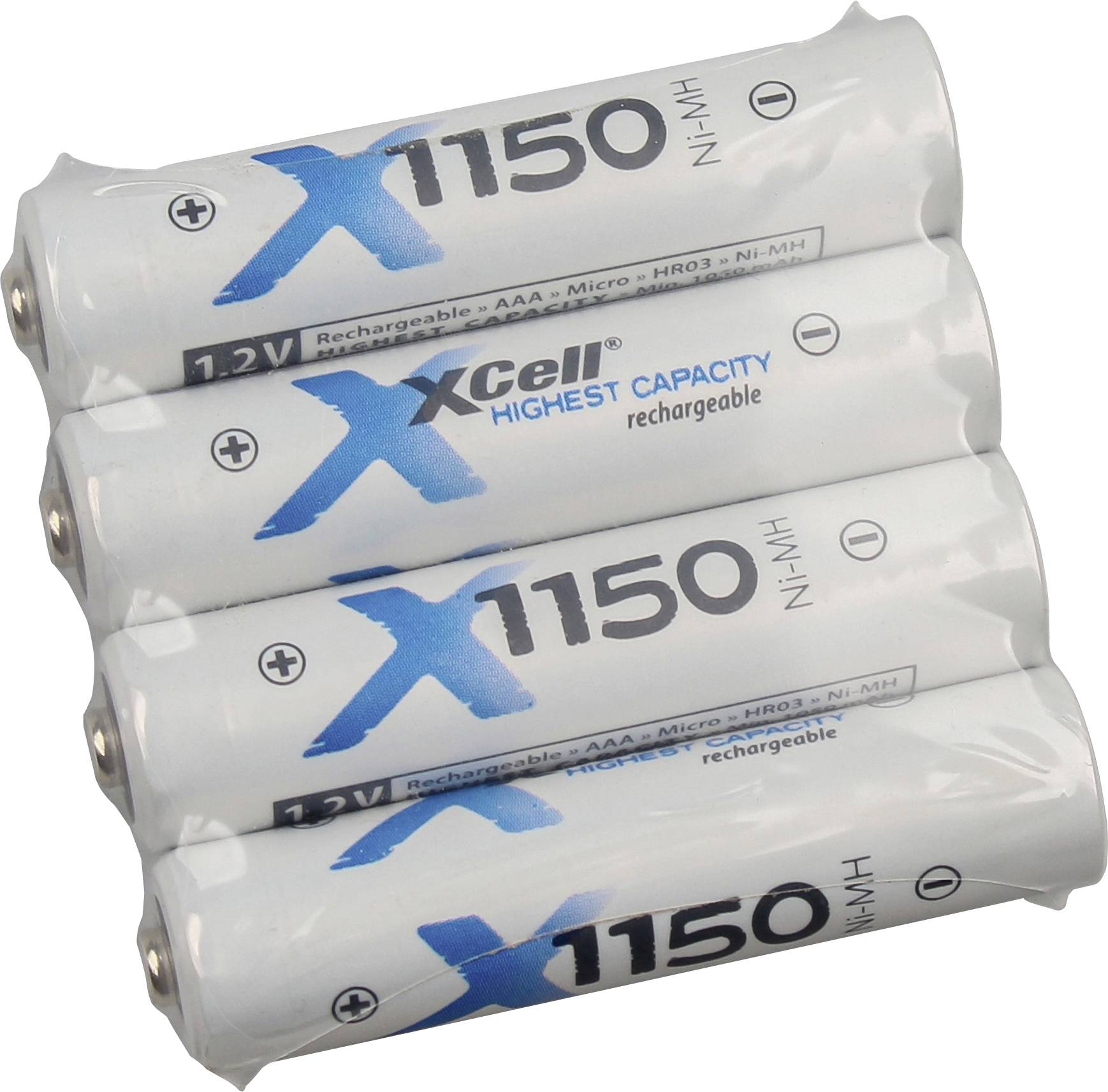 Vier übereinander gestapelte Xcell 1150 wiederaufladbare 1,2V Ni-MH AAA-Batterien mit sichtbaren positiven und negativen Anschlüssen.