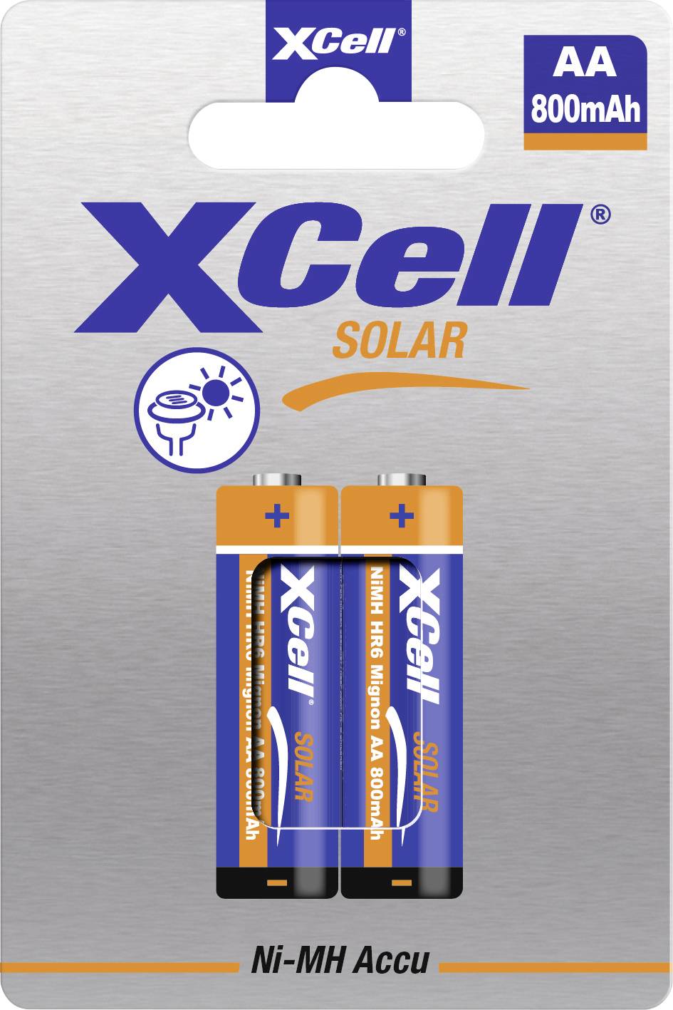 XCell Solar AA 800mAh Ni-MH Akku mit zwei Batterien auf der Einzelhandelsverpackung.