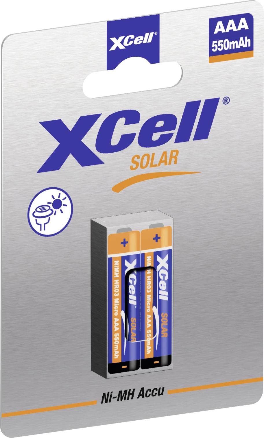XCell Solar AAA 550mAh Ni-MH wiederaufladbare Batterien Paket mit zwei Batterien in transparenter Verpackung.