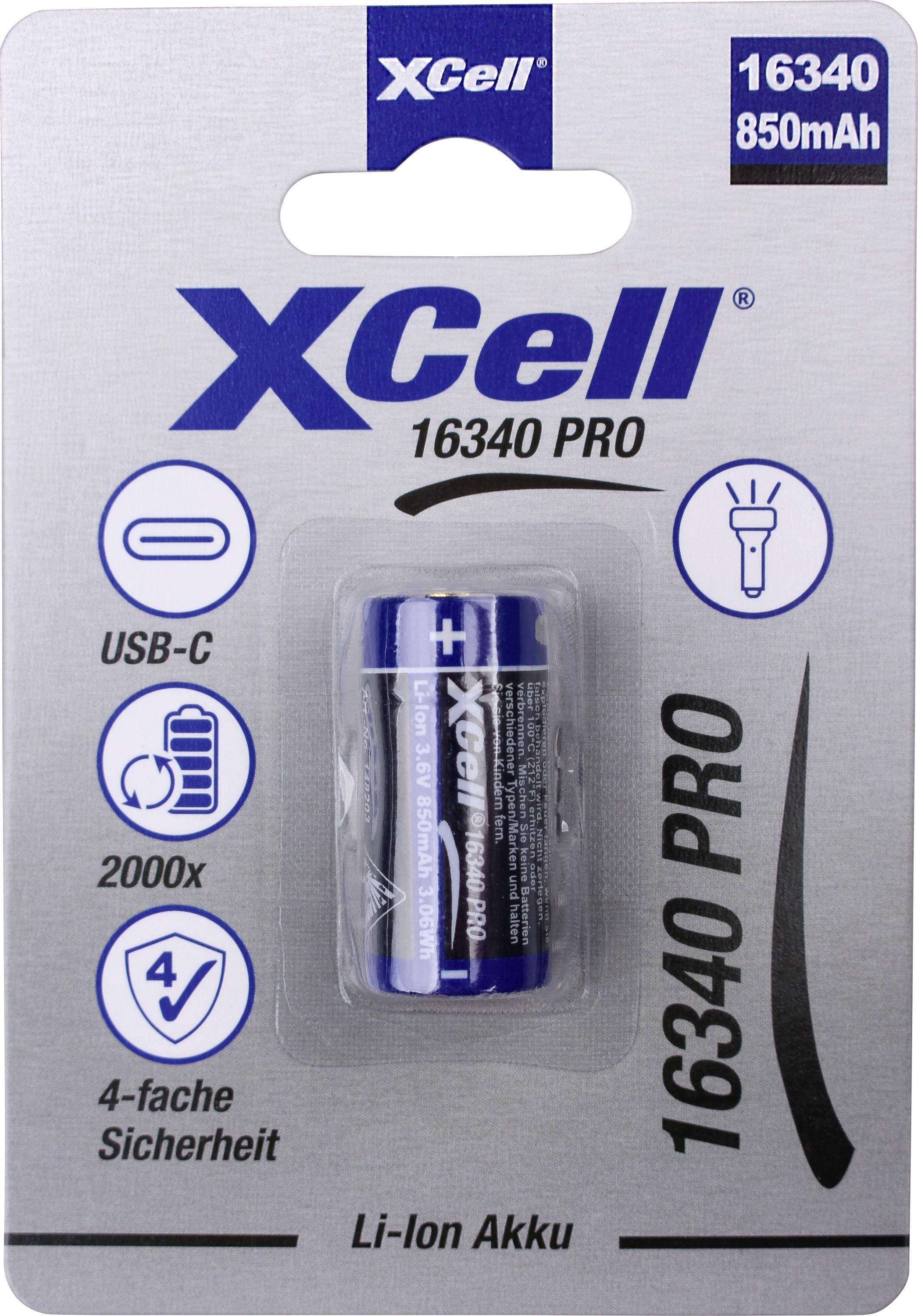 XCell 16340 PRO 850mAh USB-C aufladbare Li-Ionen-Batterie in Blisterverpackung, mit Sicherheits- und Taschenlampen-Symbolen.