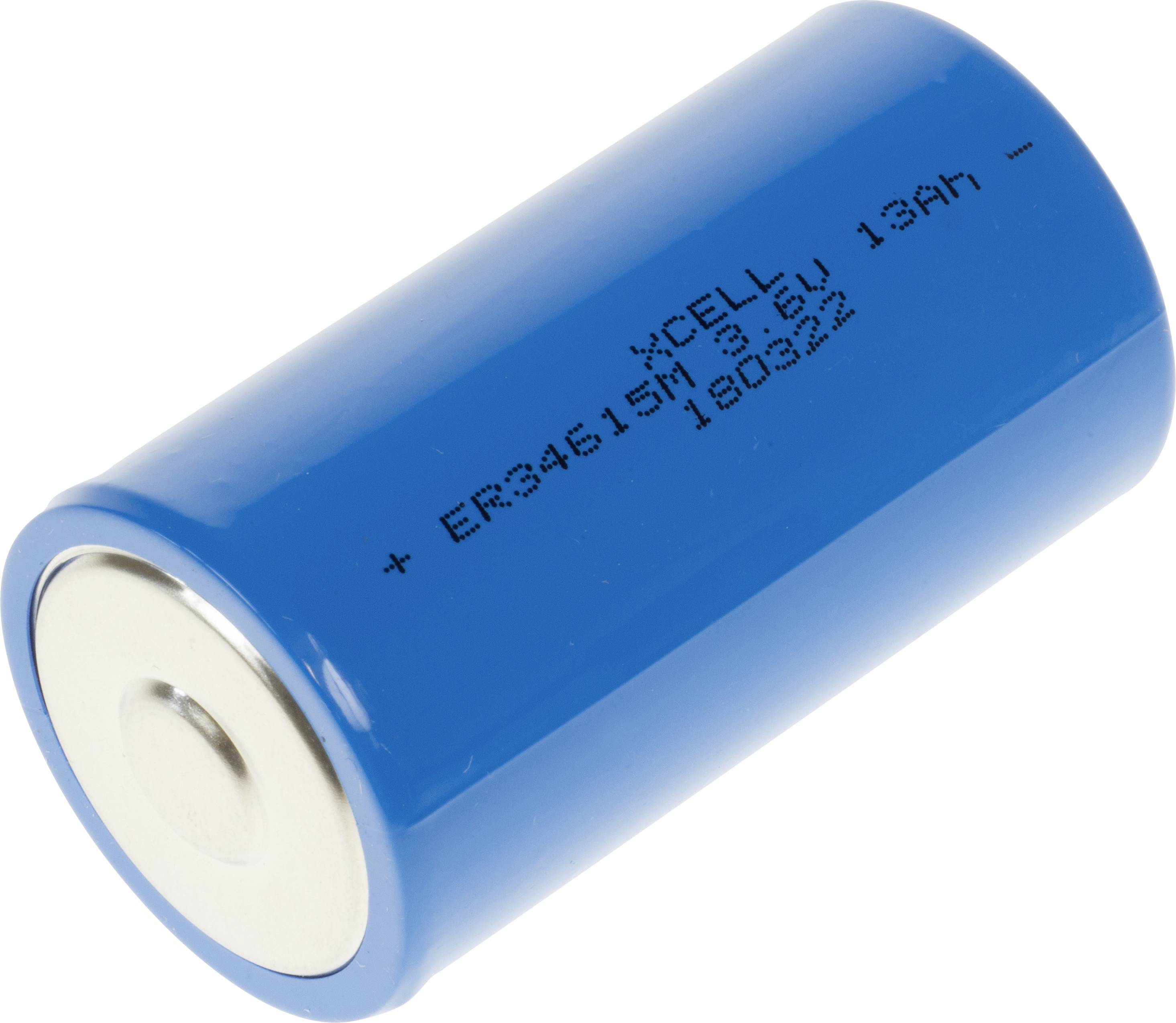 Blauzylindrische Lithiumbatterie mit aufgedruckten Spezifikationen auf der Seite.