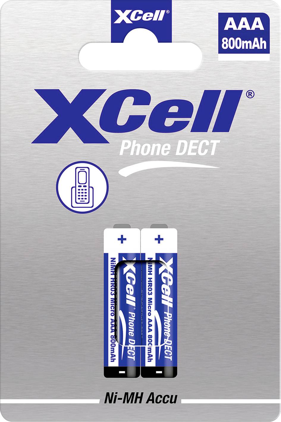 XCell Telefon DECT AAA 800mAh Ni-MH wiederaufladbarer Batteriepack mit zwei Batterien auf der Verpackung abgebildet.