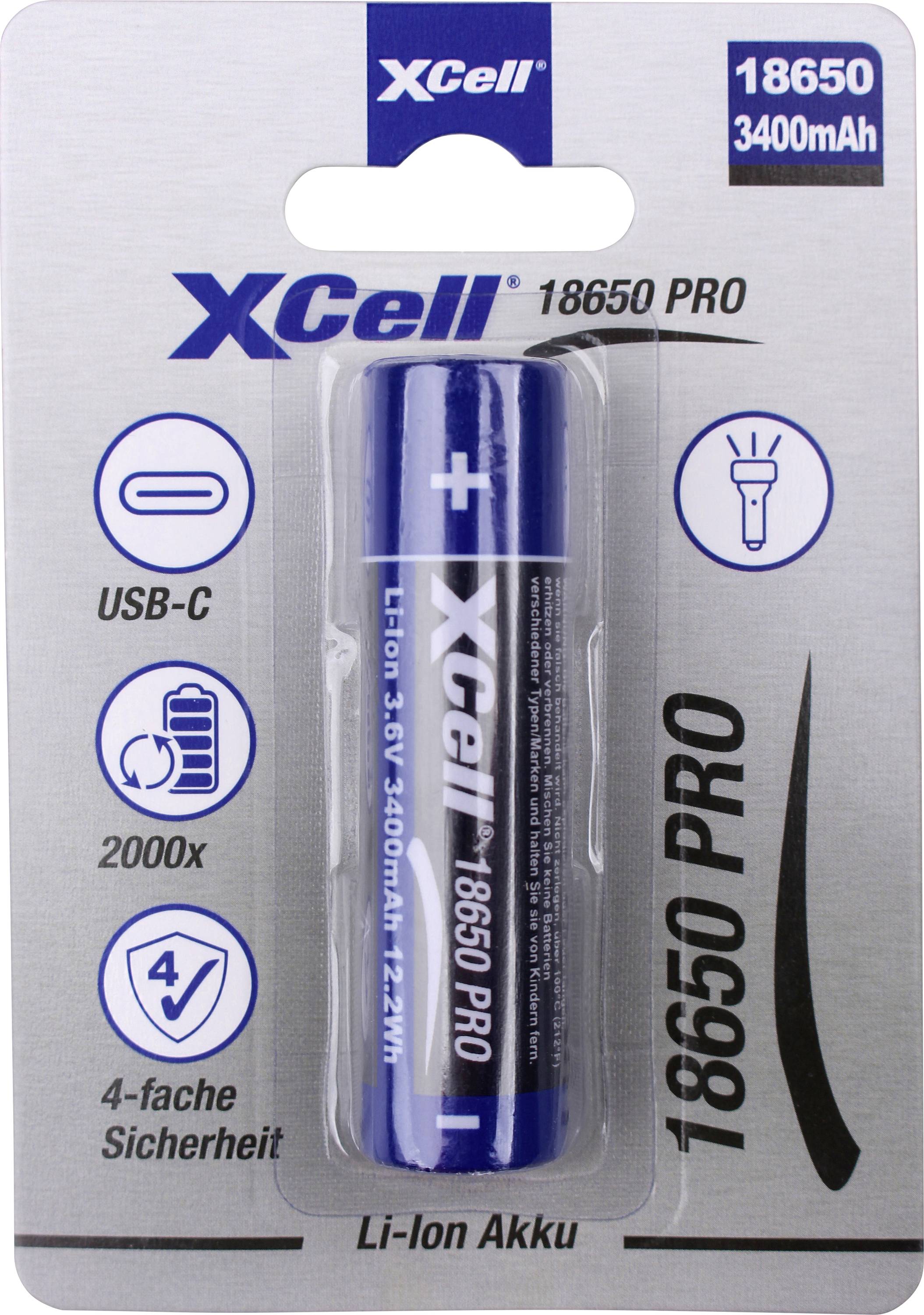 XCell 18650 PRO Li-Ionen-Batterie in Einzelhandelsverpackung, gekennzeichnet mit USB-C, 3400mAh, 2000x und 4-facher Sicherheit.