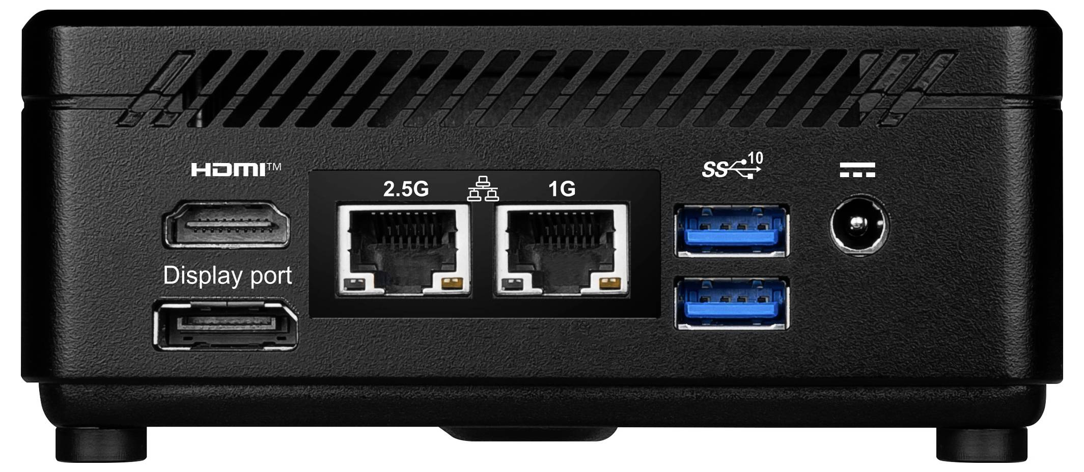Rückansicht eines Mini-PCs mit HDMI, DisplayPort, zwei Ethernet-Anschlüssen mit der Bezeichnung „2,5G