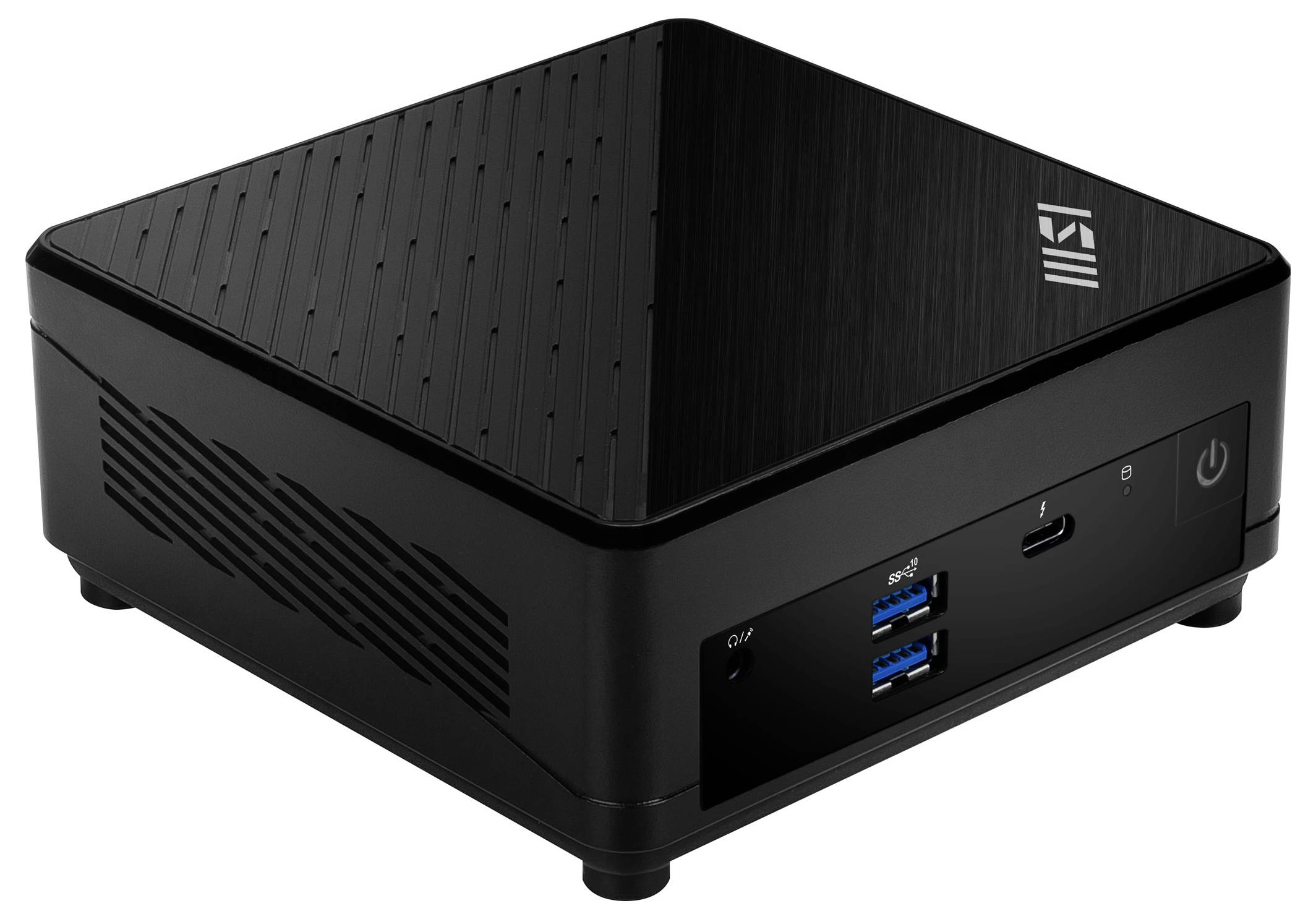Schwarzer kompakter Mini-Desktop-Computer mit USB-Anschlüssen an der Vorderseite, HDMI, Audiobuchse und Power-Schalter auf weißem Hintergrund