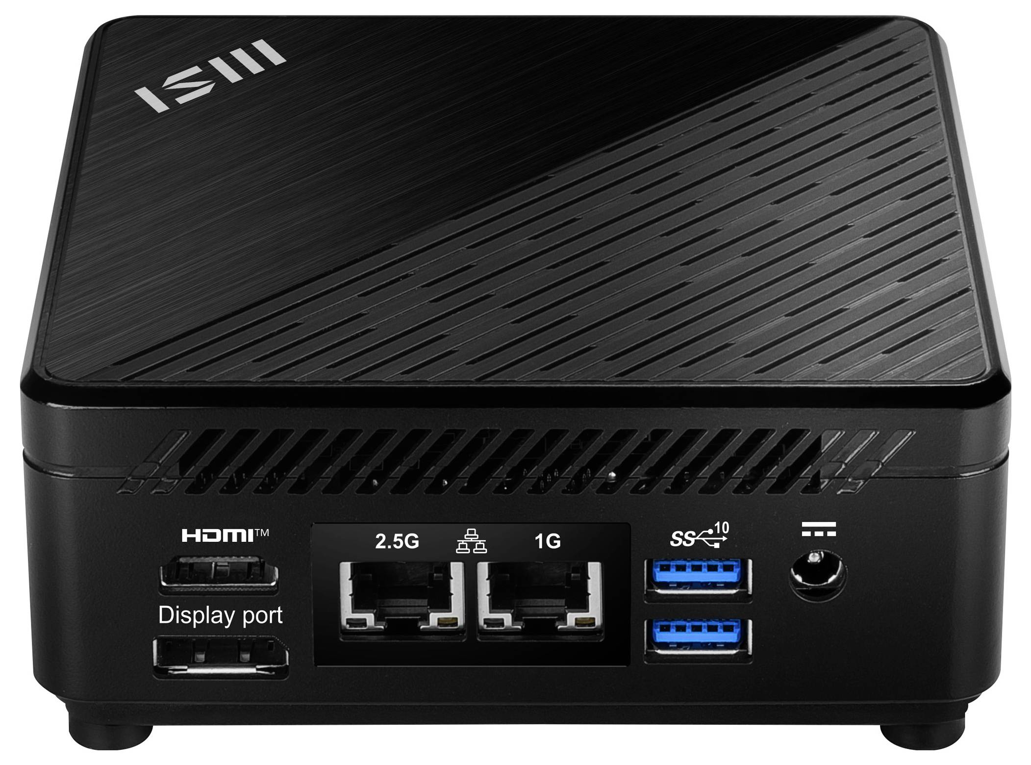 Frontansicht eines kompakten schwarzen Mini-PCs mit Anschlüssen: HDMI, DisplayPort, zwei Ethernet-Anschlüsse mit der Bezeichnung 2,5G und 1G, zwei USB-A 3.0-Anschlüsse und Stromanschluss.