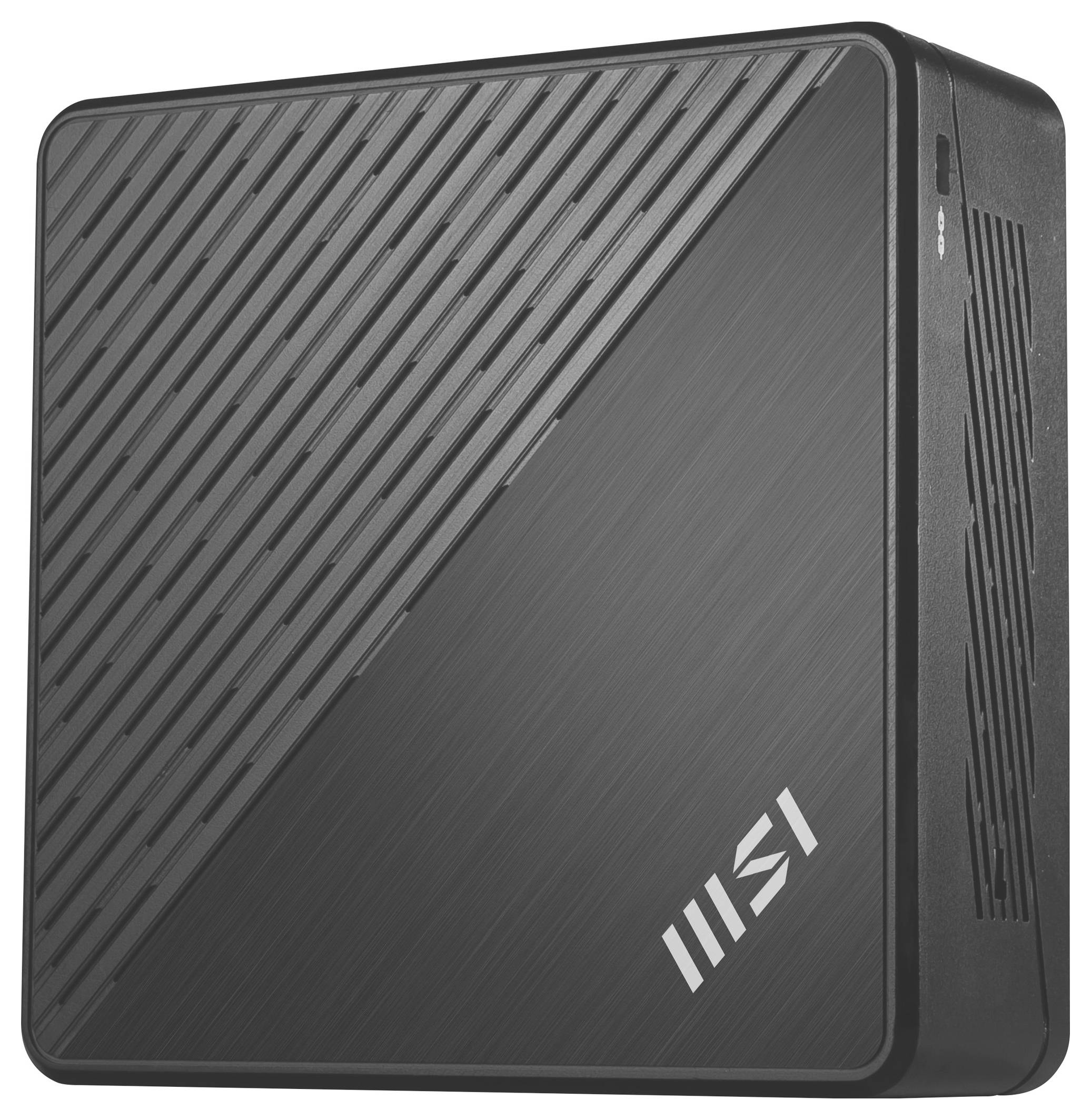 Kompakter MSI Mini-PC mit strukturiertem schwarzem quadratischem Gehäuse und gewelltem Streifenmuster auf der Oberseite, gezeigt auf weißem Hintergrund.