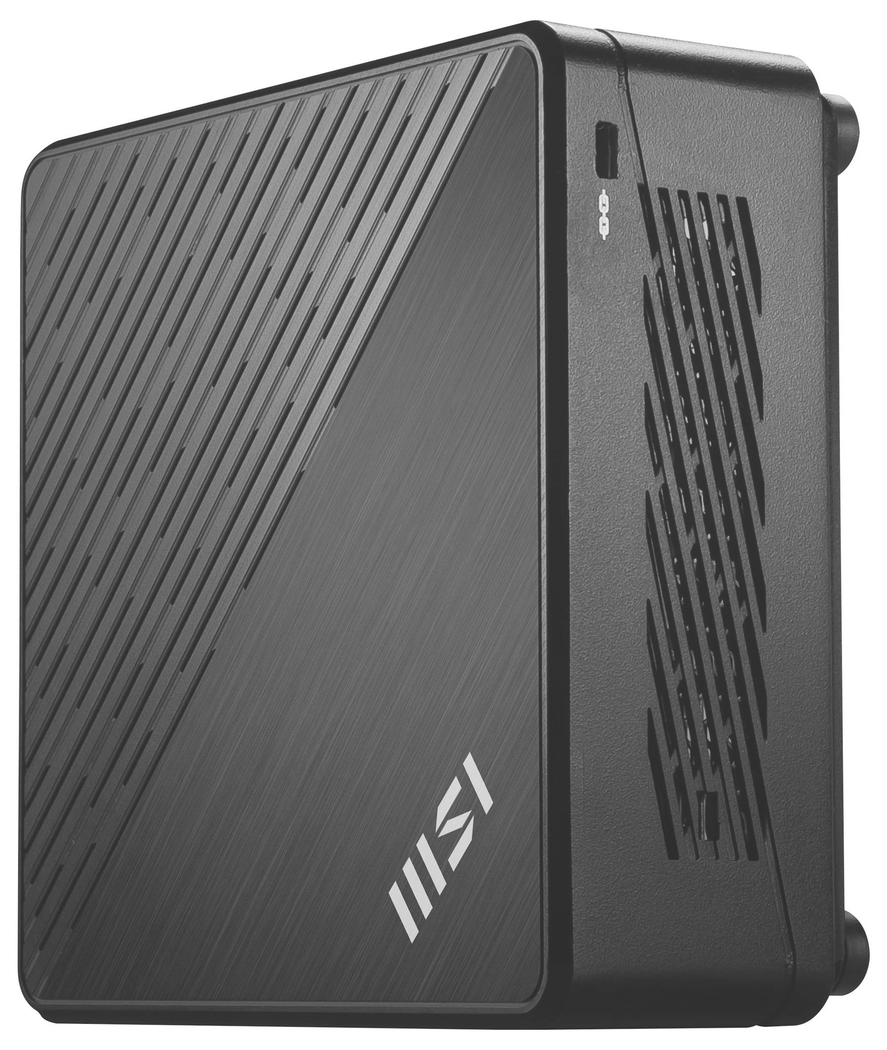 Kompakter MSI-Mini-PC oder externes Gehäuse in Schwarz, im Winkel angezeigt, um die belüfteten Seiten und das MSI-Logo zu zeigen.