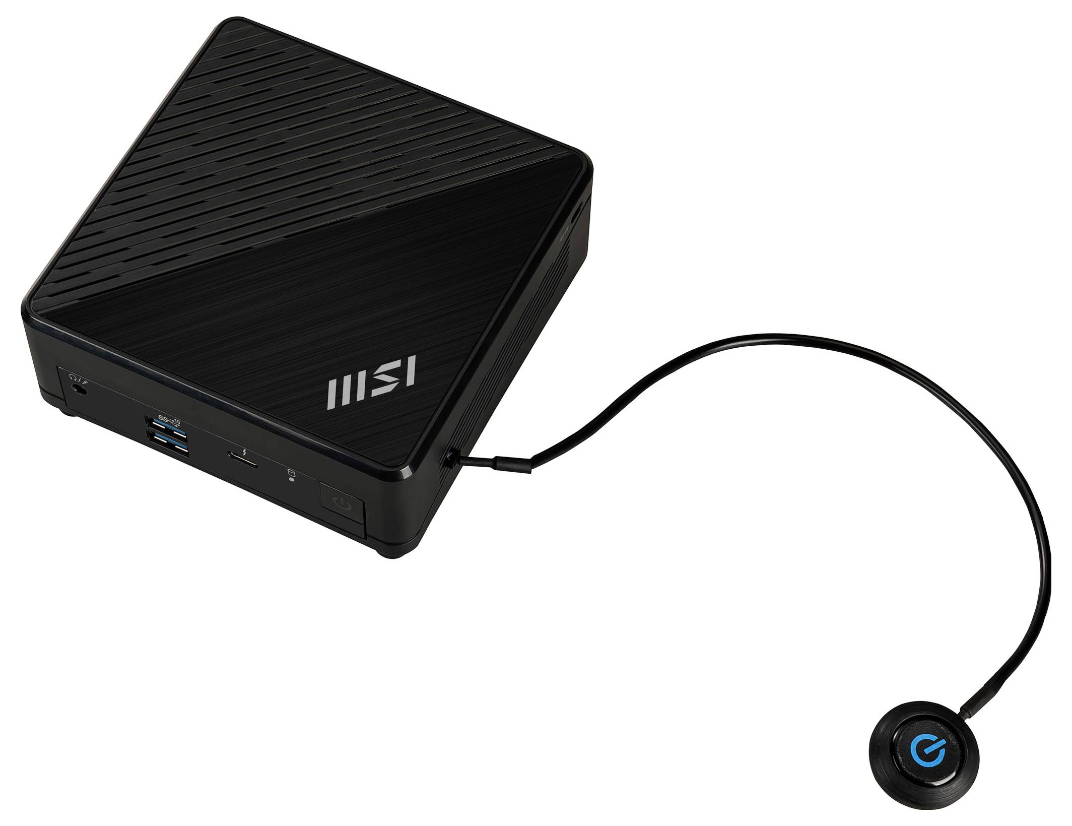 Schwarzer MSI Mini-PC mit verbundenem rundem Stromschalter auf Kabel, gezeigt auf weißem Hintergrund.