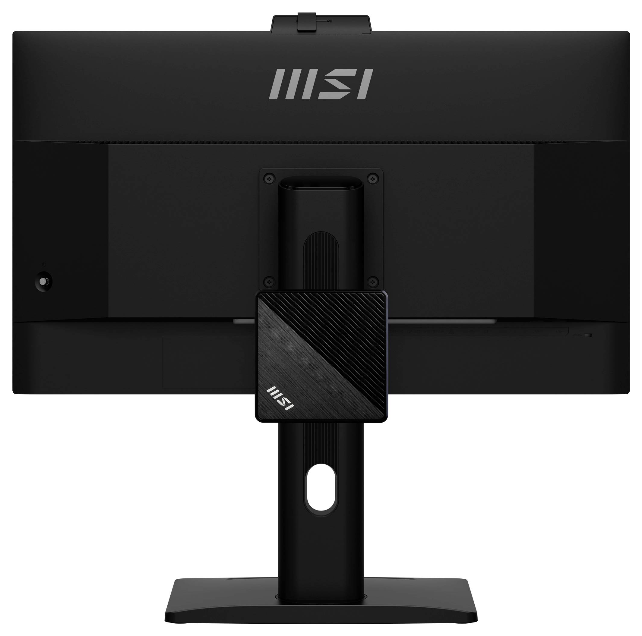 Rückansicht eines MSI-Computermonitors auf einem Ständer, der das schwarze Rückenpanel und die zentrale Befestigungssäule zeigt.