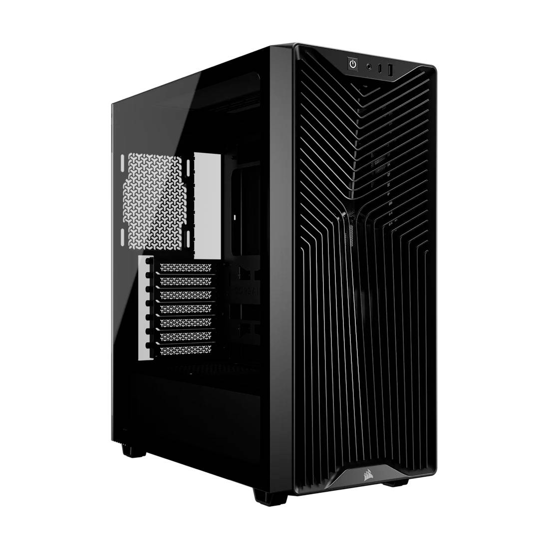 Schwarzes Desktop-Computer-Gehäuse mit gehärtetem Glasseitenpaneel und vorderer Gitterblende, auf weißem Hintergrund abgebildet.