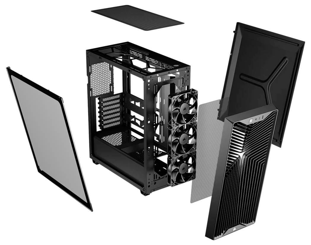 Explodierte Ansicht eines schwarzen PC-Gehäuses mit abnehmbaren Blenden, vorderem Gitternetz, Rahmen, Lüftern und seitlichen Teilen, die um das Gehäuse herum angeordnet sind.