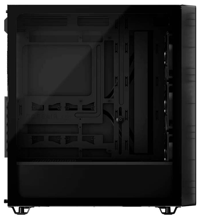 Schwarze PC-Gehäuseansicht des Seitenpanels mit Blick auf den inneren Montagebereich und vordere Lüfterschächte, ohne installierte Komponenten.
