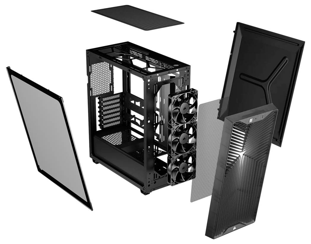 Explodierte Ansicht eines schwarzen PC-Gehäuses mit abnehmbaren Paneelen, Netzfiltern und frontal angebrachter Lüfterbefestigung.