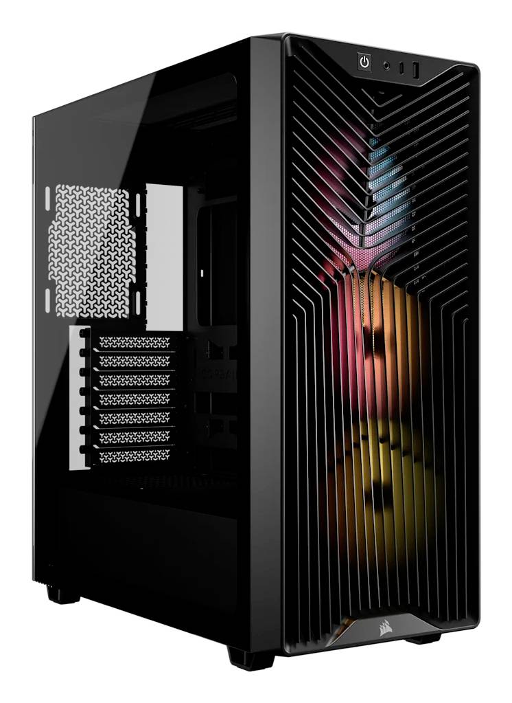 Schwarzes Desktop-PC-Gehäuse mit Frontgitterfeld und sichtbaren RGB-beleuchteten Lüftern im Inneren; die offene Seite zeigt Laufwerkschächte und den Motherboard-Bereich.