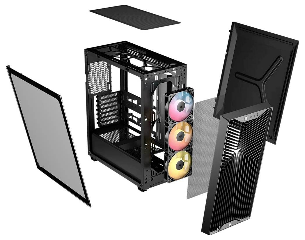 Explosionszeichnung eines PC-Gehäuses mit abnehmbaren Paneelen, Rahmen, Kühler-Mesh und Frontlüftern, die die Chassis-Komponenten und das Montage-Layout veranschaulichen.