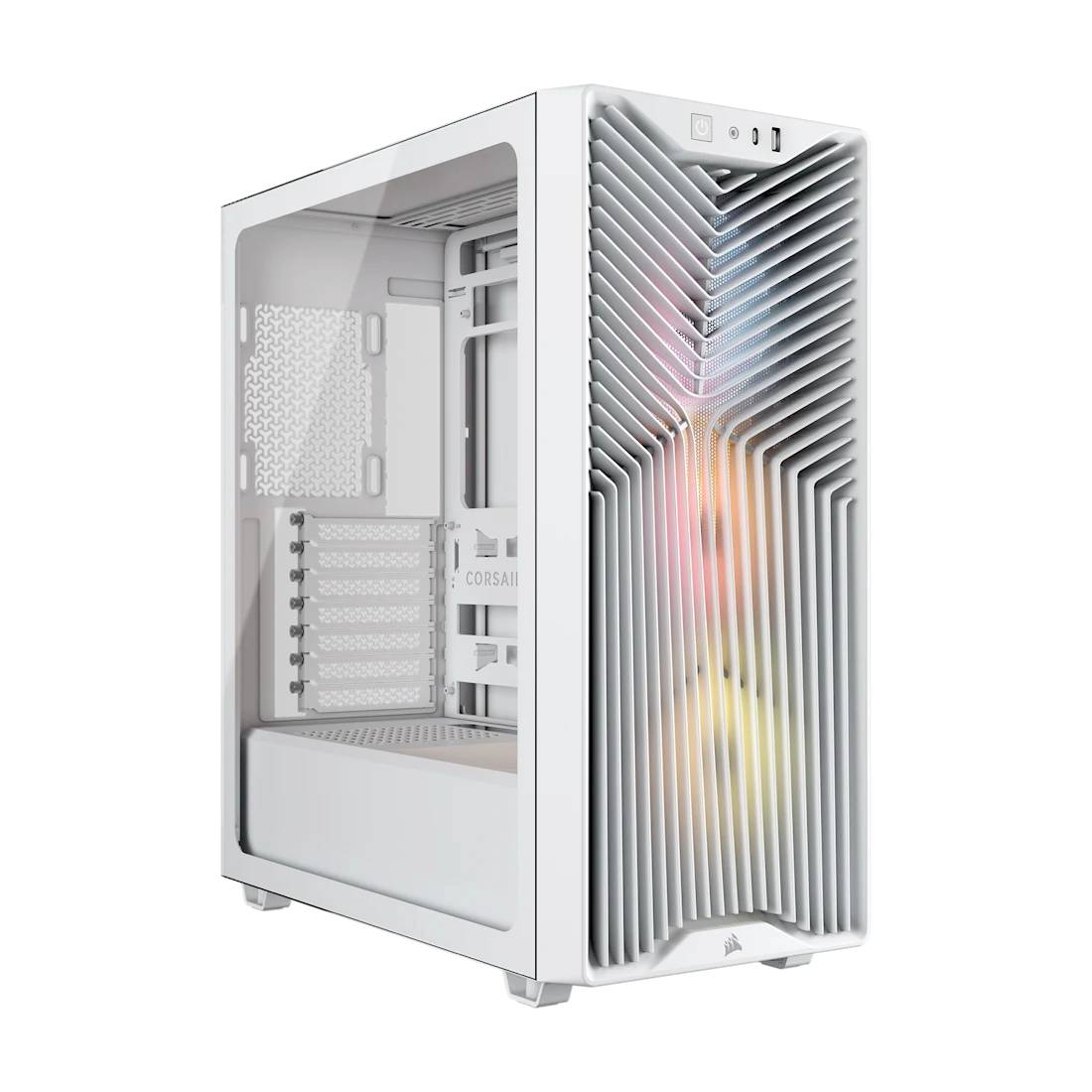 Weißer Corsair Desktop-PC-Turm mit transparentem Seitenpanel und vertikalen vorderen Lamellen, die durch leuchtende interne RGB-Lüfter beleuchtet werden.