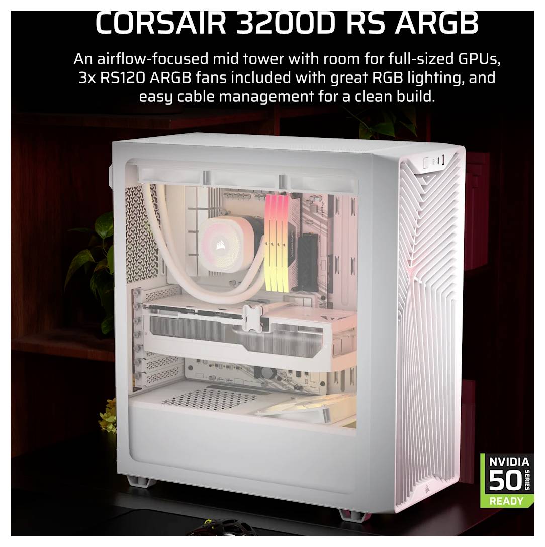 Werbebild des CORSAIR 3200D RS ARGB Midi-Tower-Gehäuses, das einen weißen Desktop-Build mit RGB-Lüftern, großer GPU-Unterstützung und einem NVIDIA 50 Series Ready-Abzeichen zeigt.