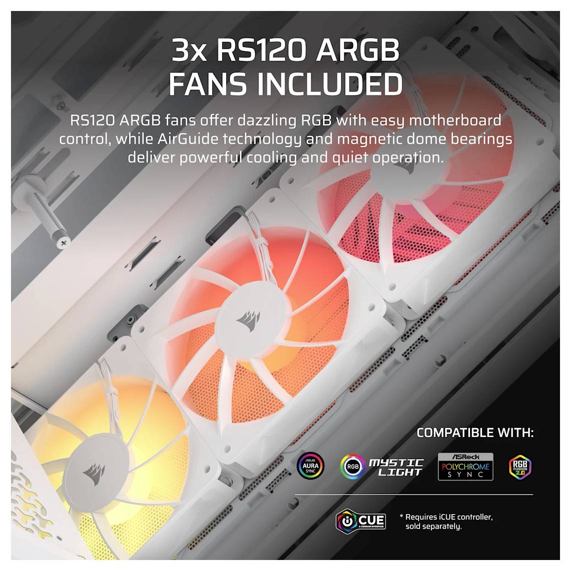 Werbebild mit drei RGB-Gehäuselüftern, die in einem PC installiert sind, mit der Beschriftung 